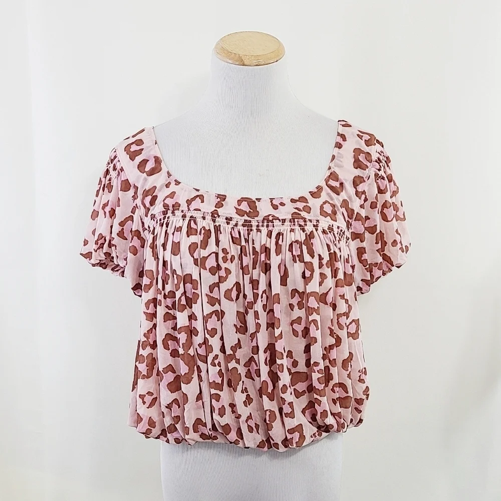 Free People Megs Blouse cheetah print Blush Pink mesh bubble hem size small